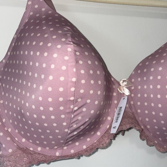 Polka Dot Lace Trim Underwire Bra 44D Light Pink Adjustable Straps - Picture 2 of 5